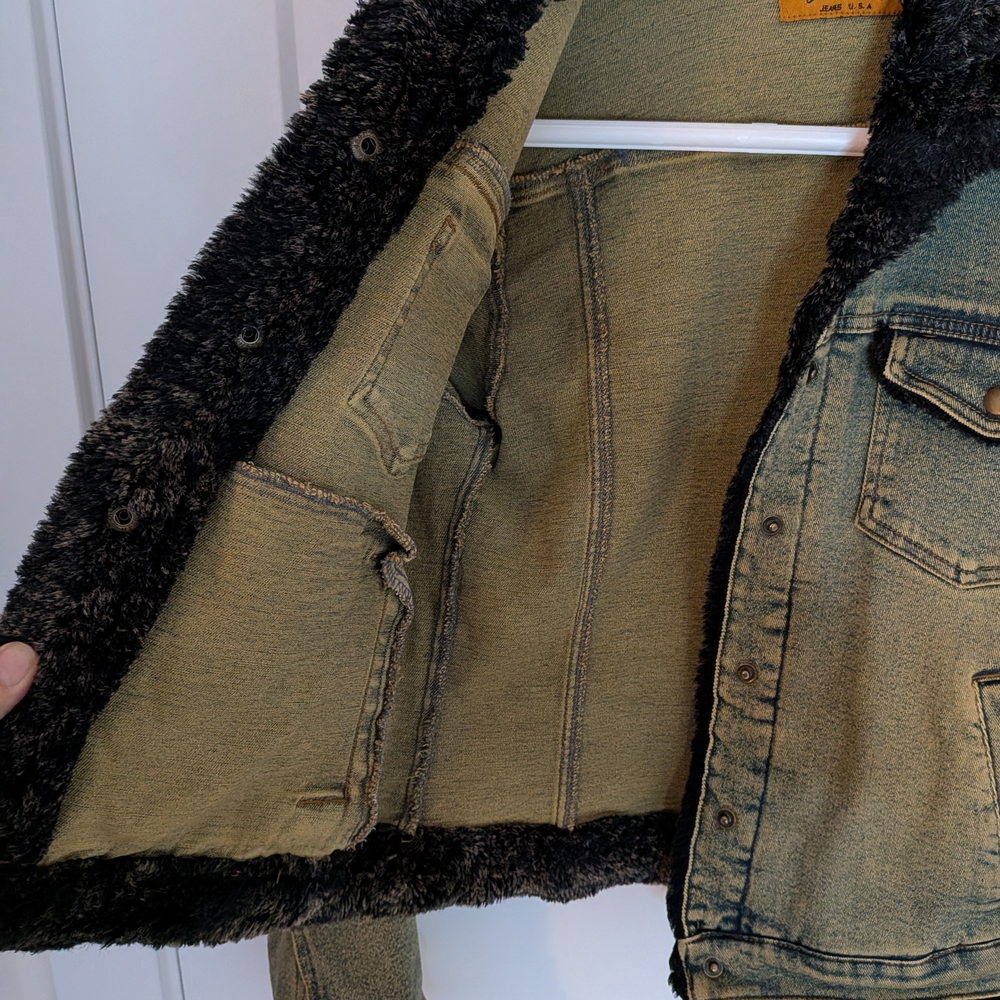 Vtg Sherpa Trim Denim Jacket Daniel Jeans Black wash Collar Lined USA Sz M Y2K - Picture 7 of 9
